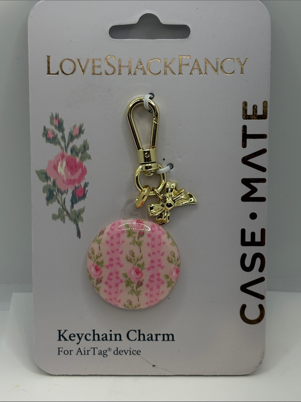 LoveShackFancy Pink Floral Keychain Charm with Gold Hardware